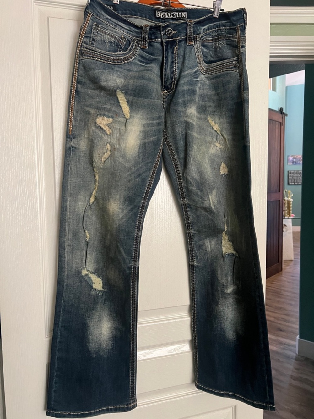 Affliction Distressed Bootcut Jeans - Faded Blue with Beige Underlay